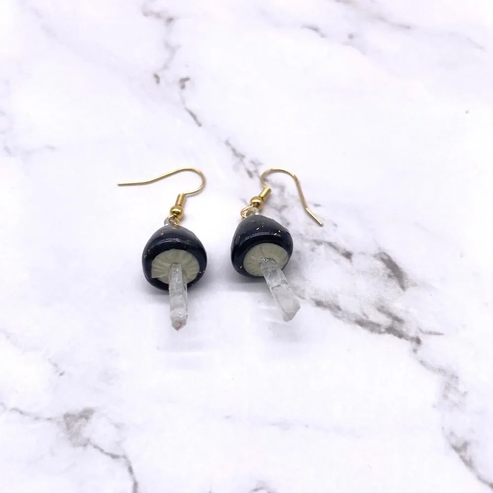 Black Mushroom Quartz Crystal Dangle wire hook polymer Clay Earrings